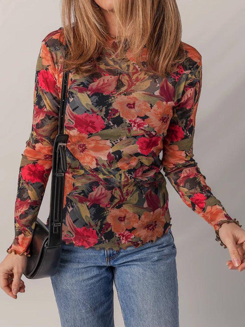 Multicolour Floral Print Lettuce Trim Long Sleeve Mesh Top 2