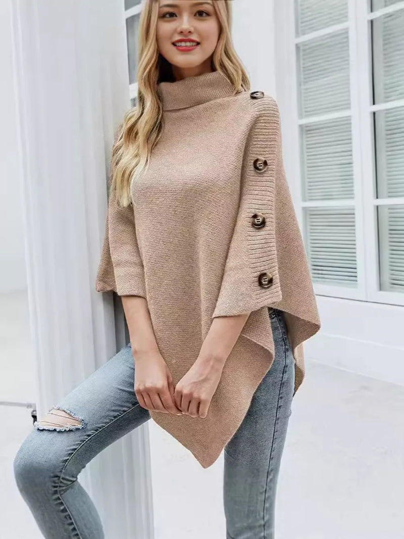 Button-Decor Turtleneck Poncho Pullover 4