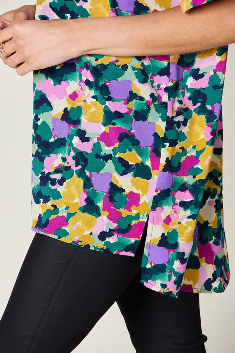 Double Take Full Size Printed V-Neck Short Sleeve Side Slit Top 5