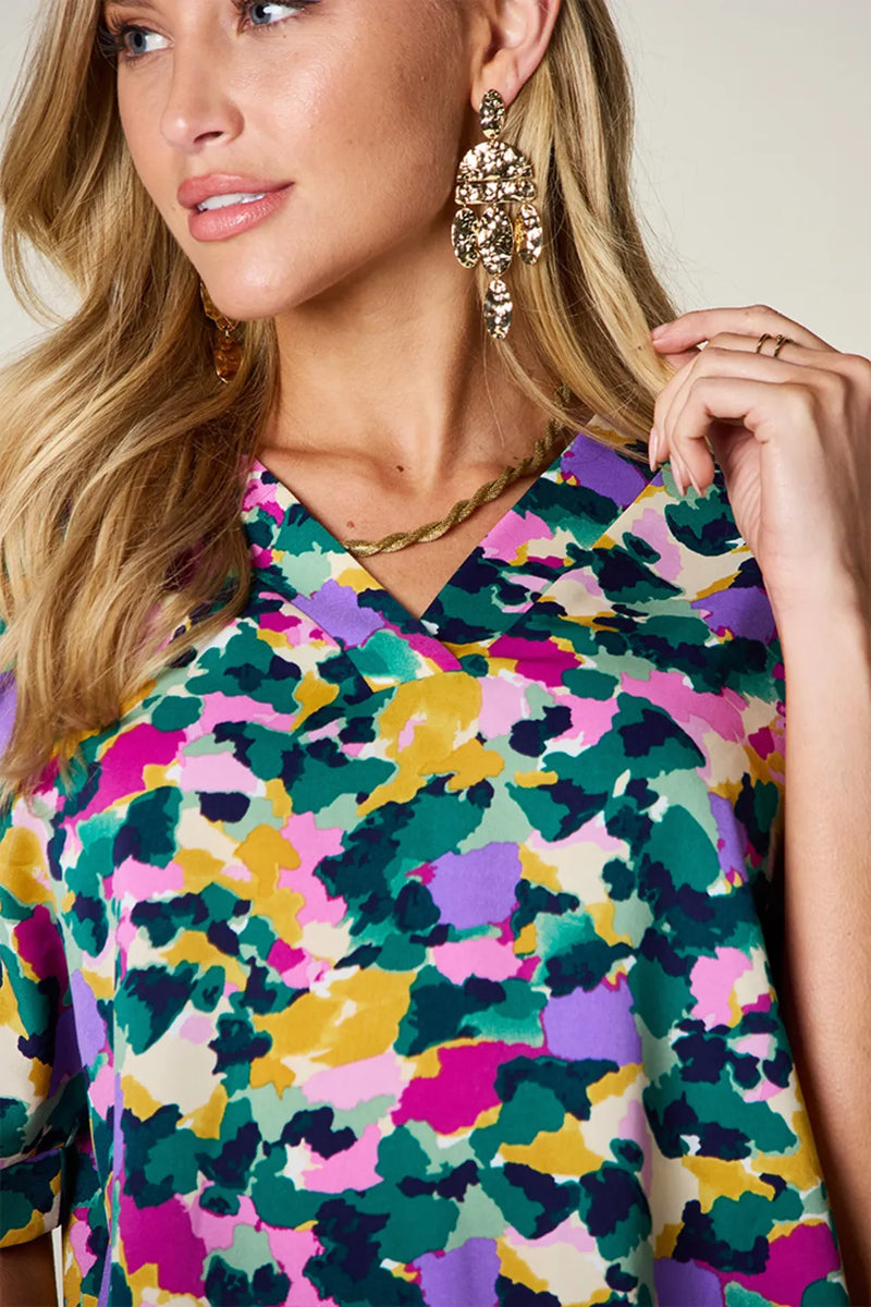 Double Take Full Size Printed V-Neck Short Sleeve Side Slit Top 4
