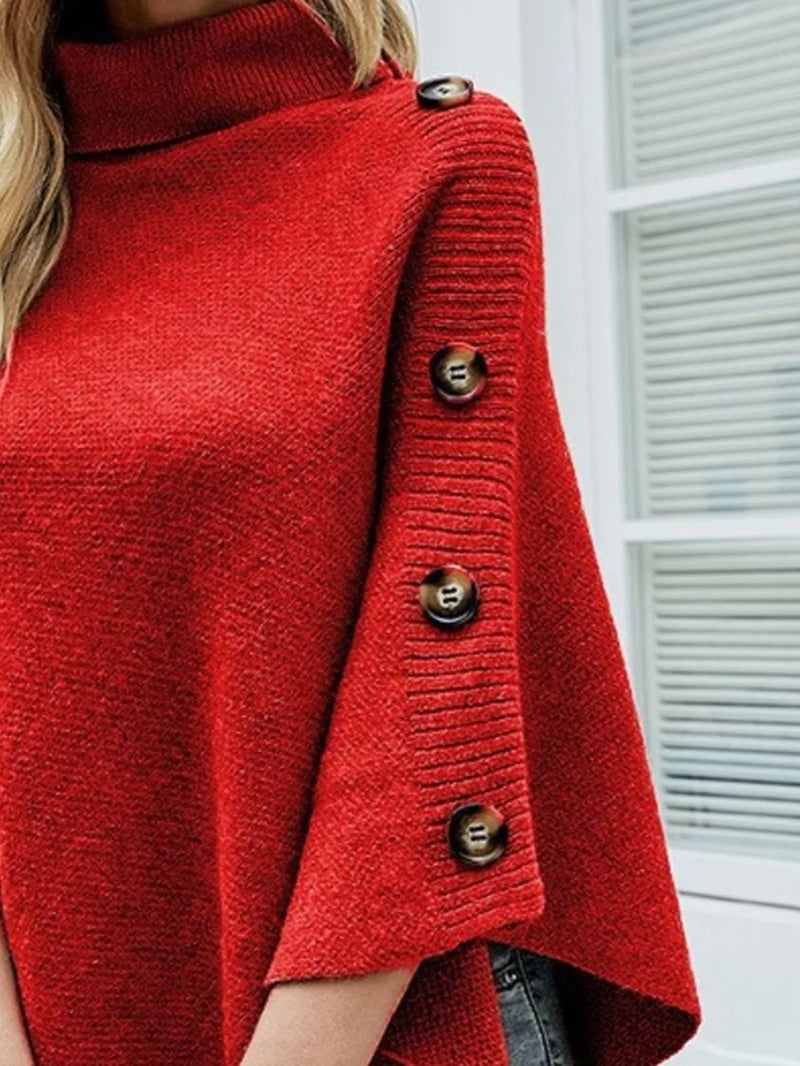 Button-Decor Turtleneck Poncho Pullover 2