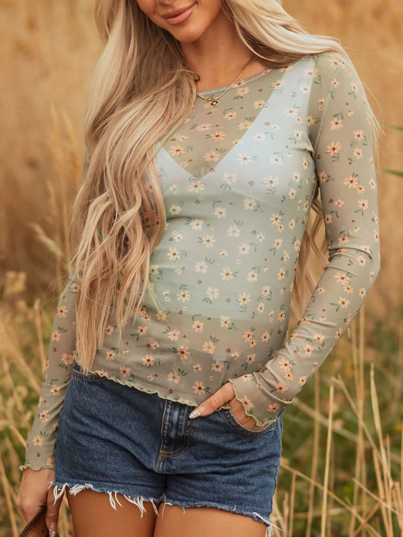 Floral Print Mesh Long Sleeve Top 2
