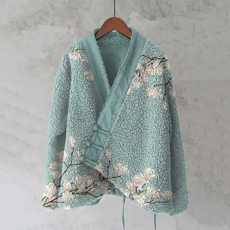 Navy Floral Sherpa Kimono Jacket — Print 1