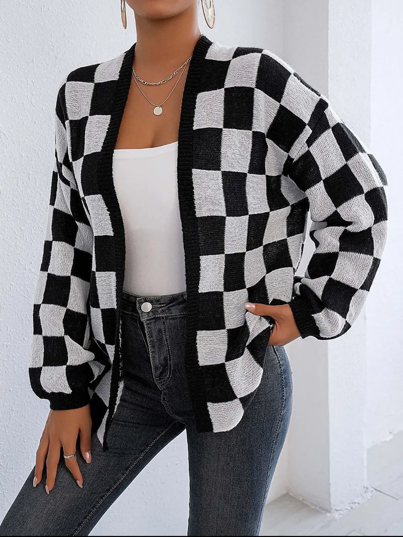 Checkered Open Front Long Sleeve Cardigan 1