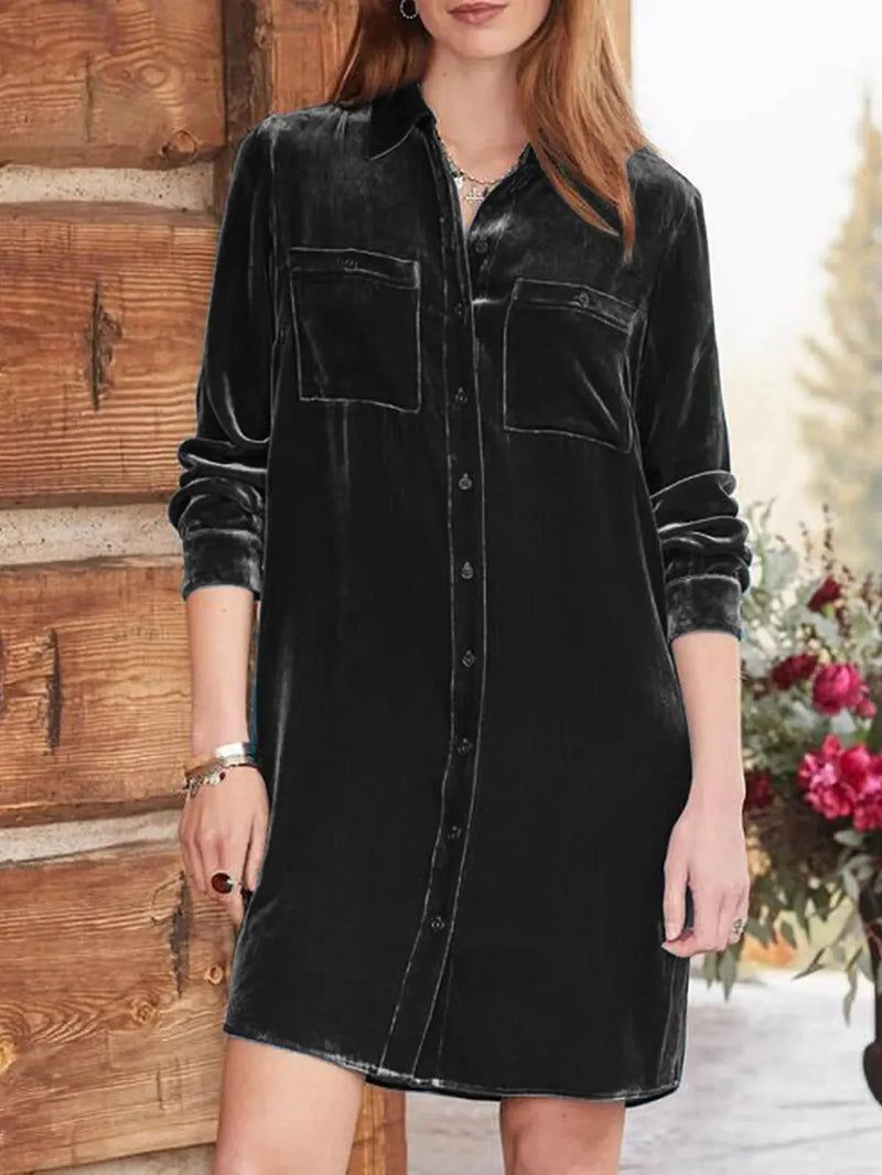 High-Low Button Up Long Sleeve Knee Length Dress 1