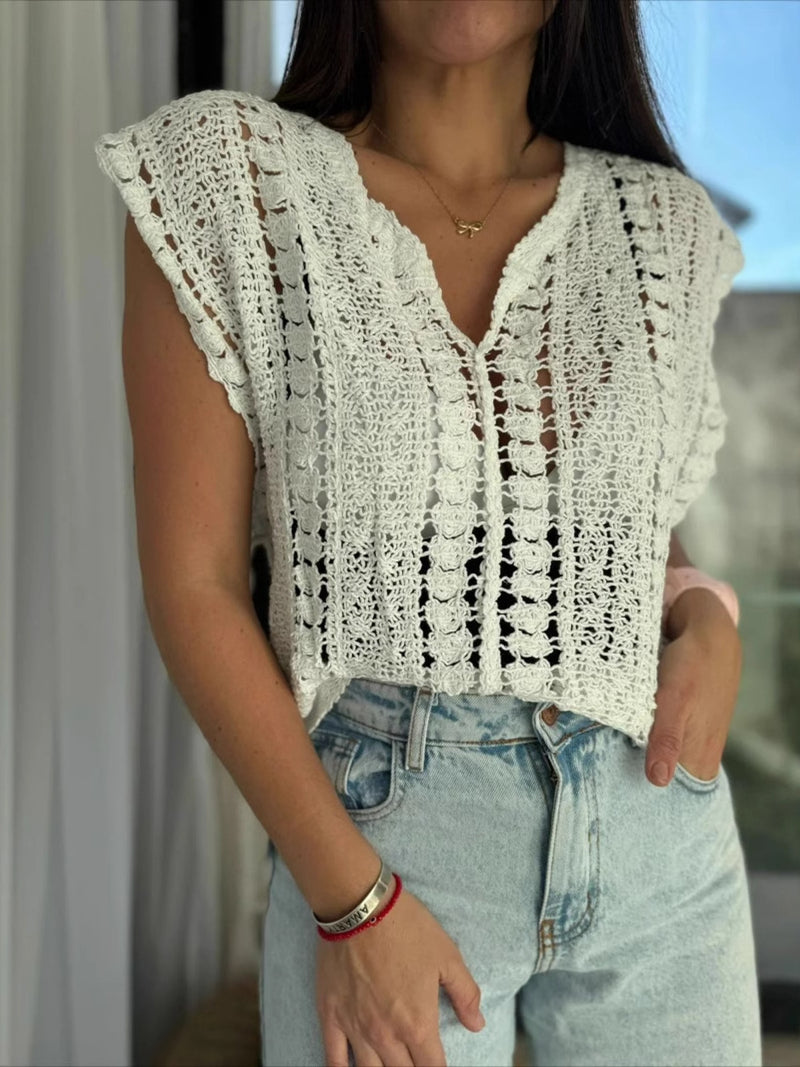 Crochet Knit V-Neck Sweater Vest | Hazel & June White