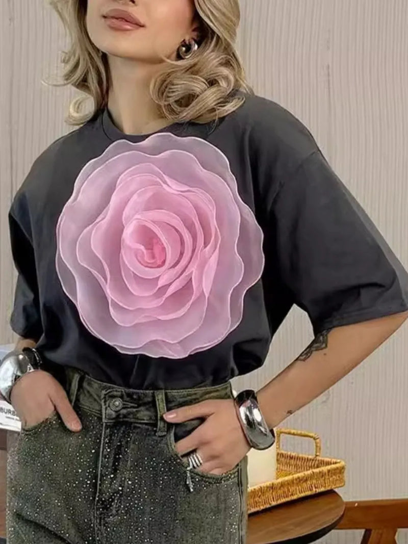 Flower Round Neck Short Sleeve T-Shirt 2