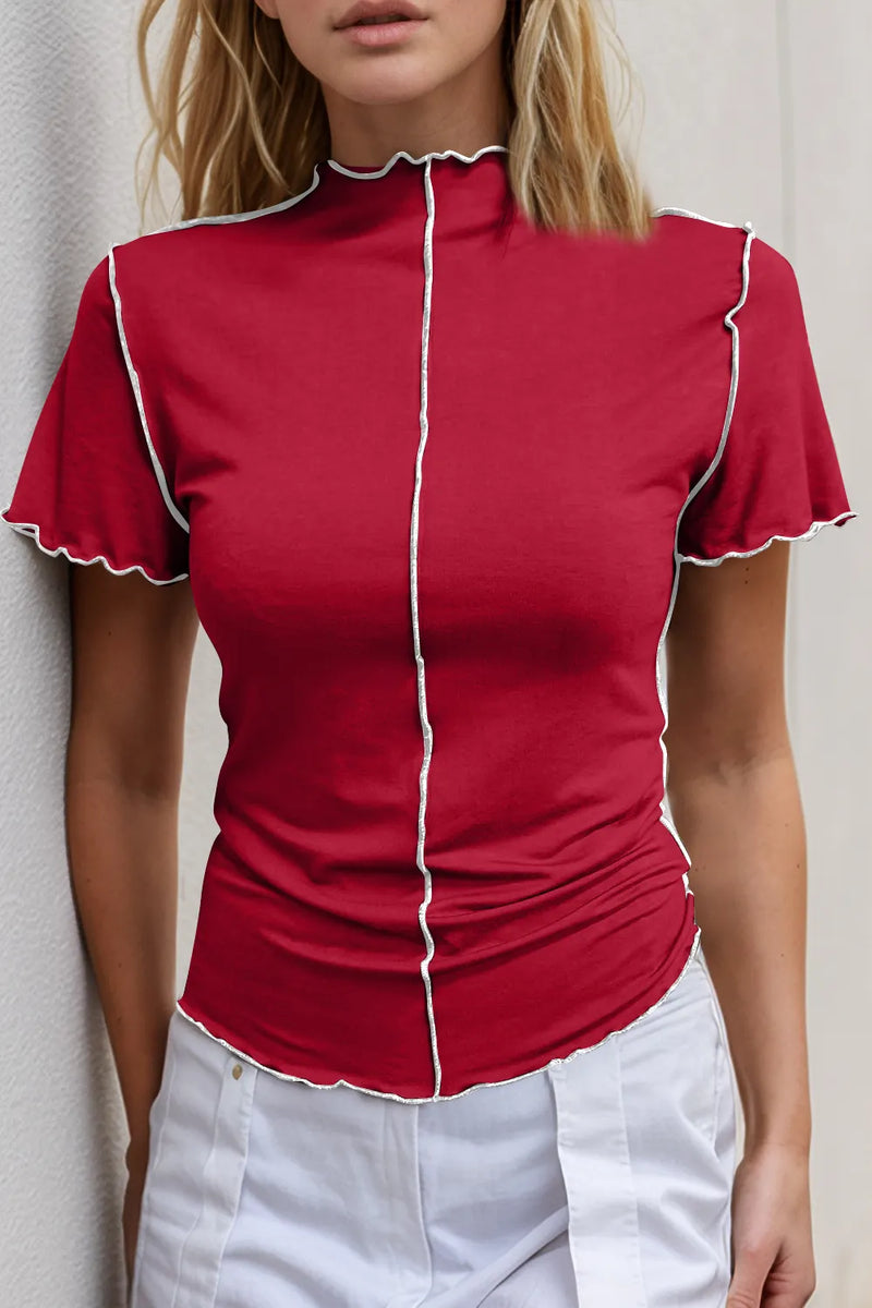 Basic Bae Contrast Trim Mock Neck Short Sleeve T-Shirt | Hazel & June Scarlet