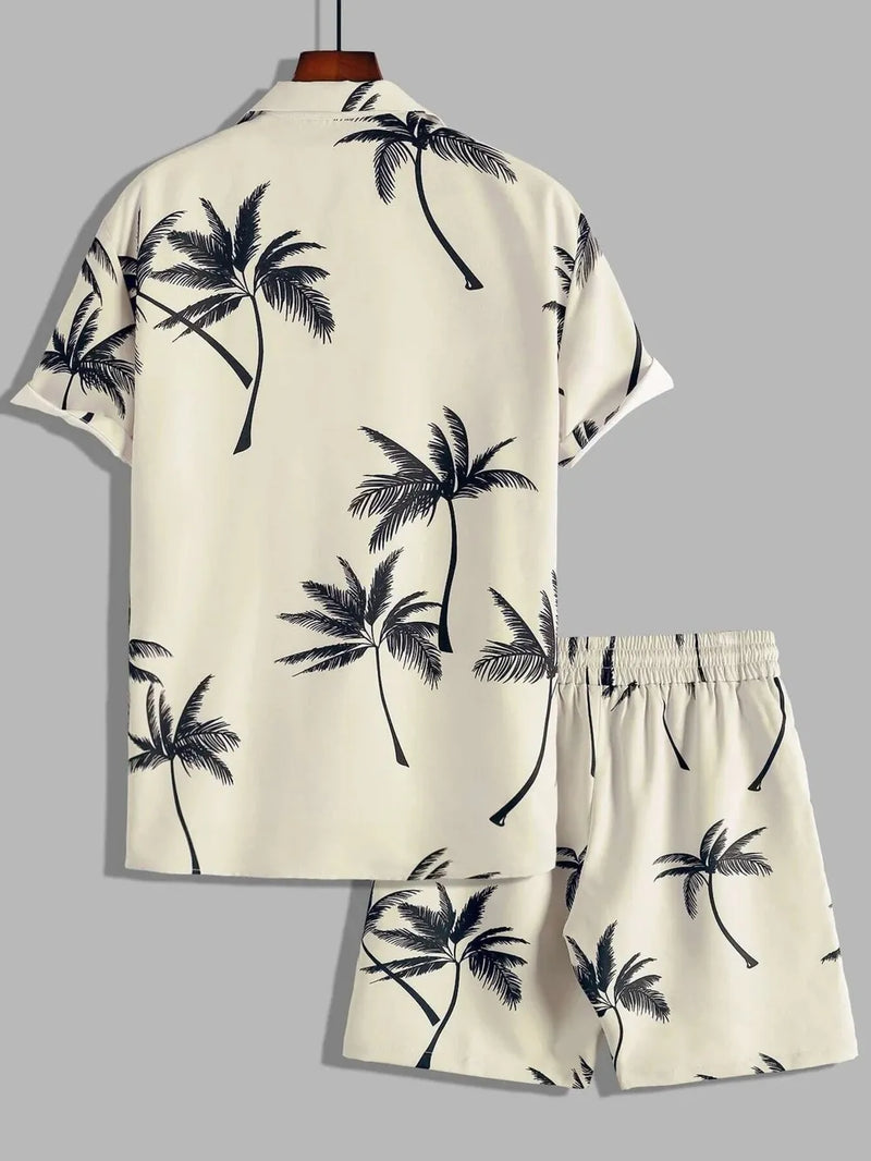 Men's Full Size Palm Print Button Up Shirt and Shorts Set Plus Size 4