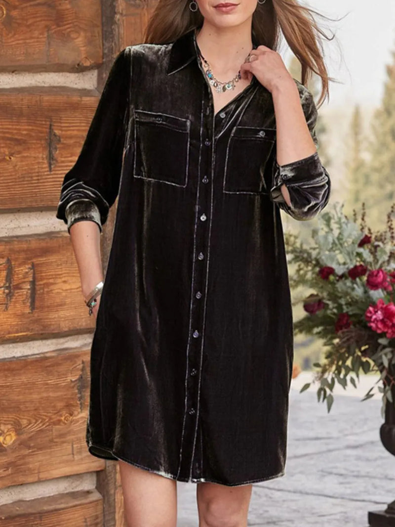 High-Low Button Up Long Sleeve Knee Length Dress 2