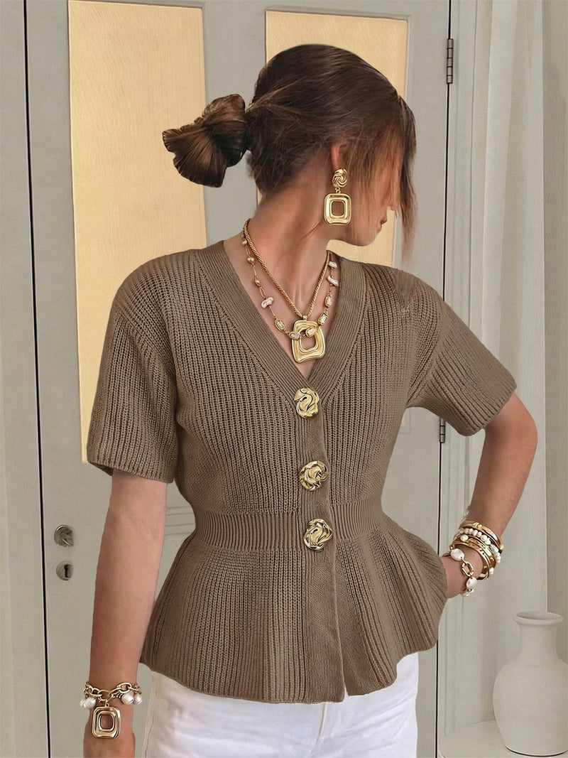 Beige Gold-Button Knit Vest — Brown