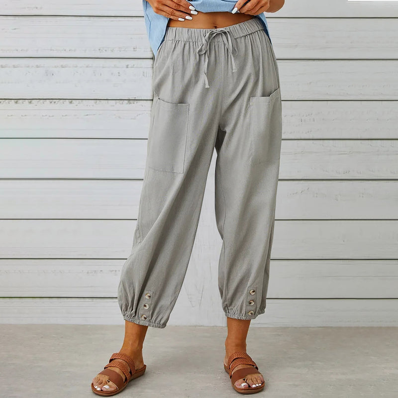 Isla Drawstring Linen-Look Pants in Light gray