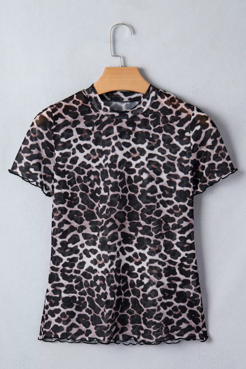 Leopard Print Sheer Mesh Short Sleeve Top 2