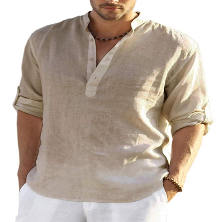 Grove Cotton Linen Stand Collar Shirt — Khaki