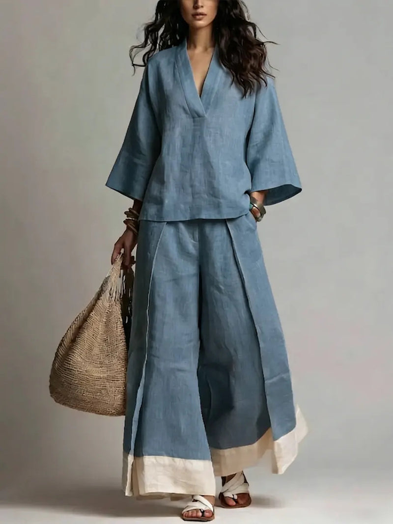 Côte Contrast-Hem Linen Co-ord Set — Denim Blue