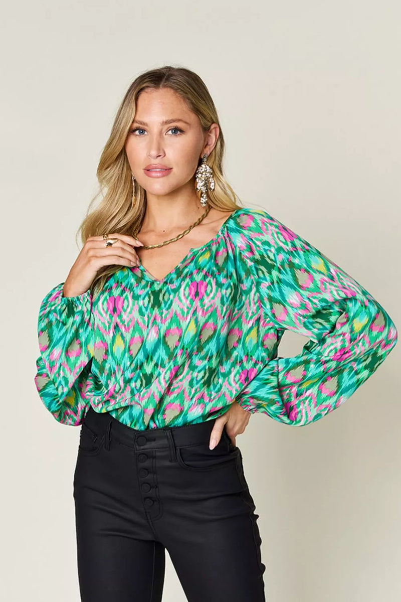 Double Take Full Size Printed Balloon Sleeve Blouse | Hazel & June Green