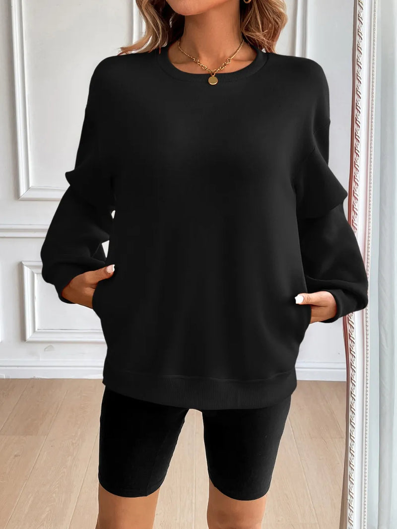 Ivy Lane Round Neck Long Sleeve Sweatshirt | Hazel & June Black