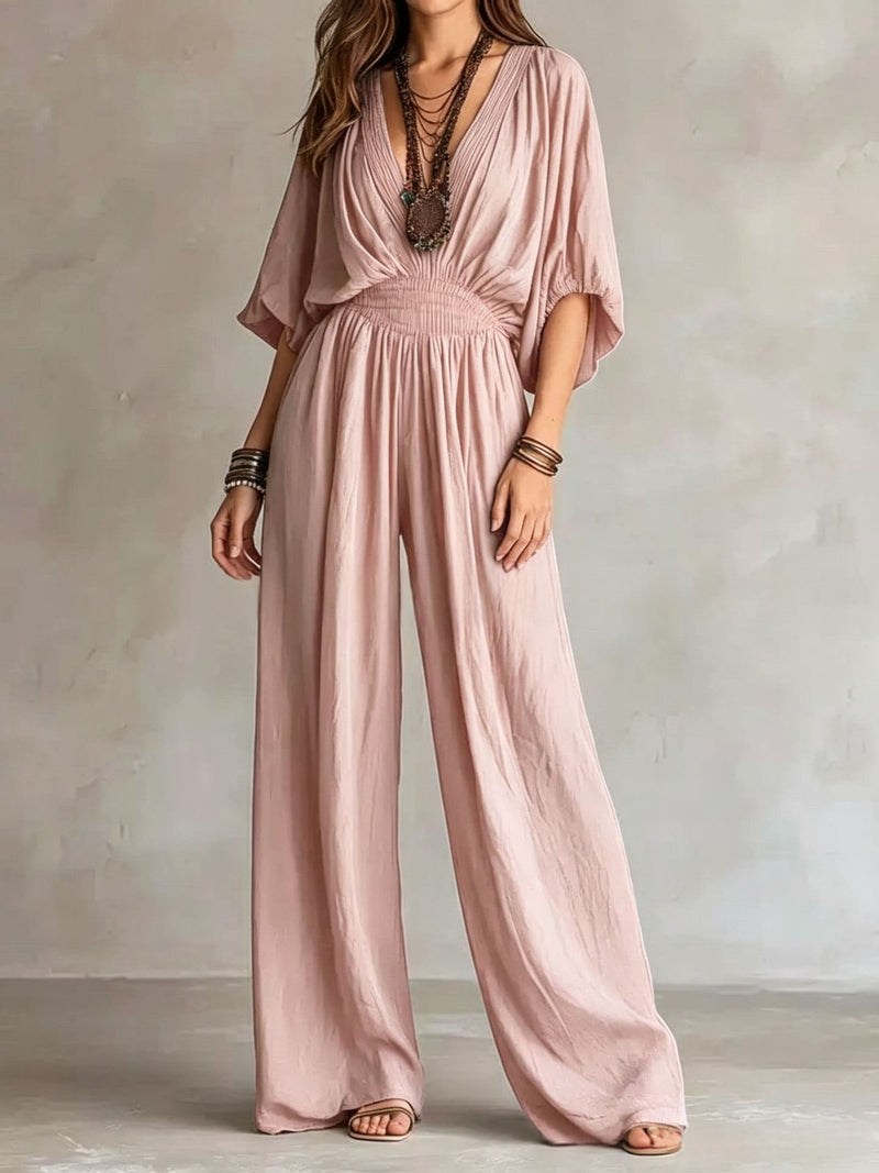 Indigo Batwing Wide-Leg Jumpsuit — Pink