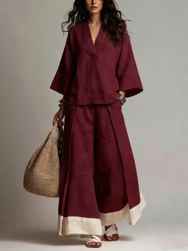 Côte Contrast-Hem Linen Co-ord Set — Wine Red