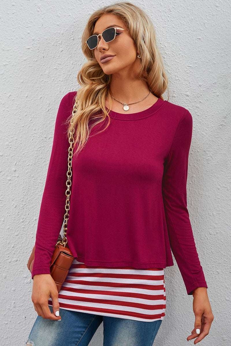 Full Size Striped Faux Layered Long Sleeve Top 7