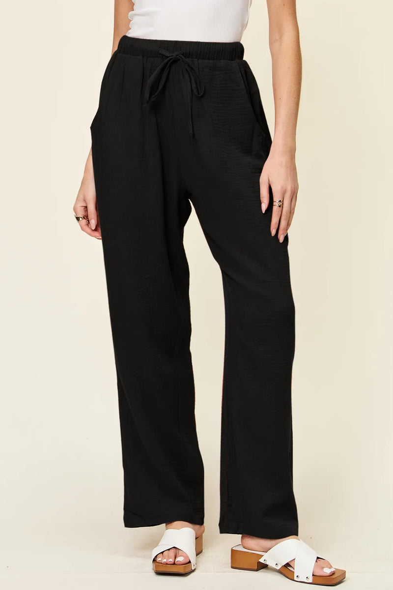 Double Take Full Size Texture Drawstring Straight Pants 1