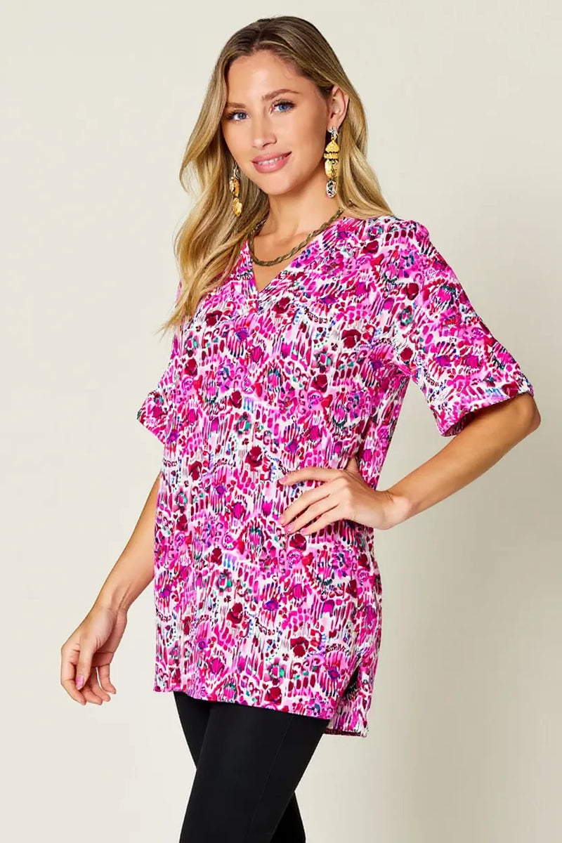 Double Take Full Size Printed V-Neck Short Sleeve Blouse 2
