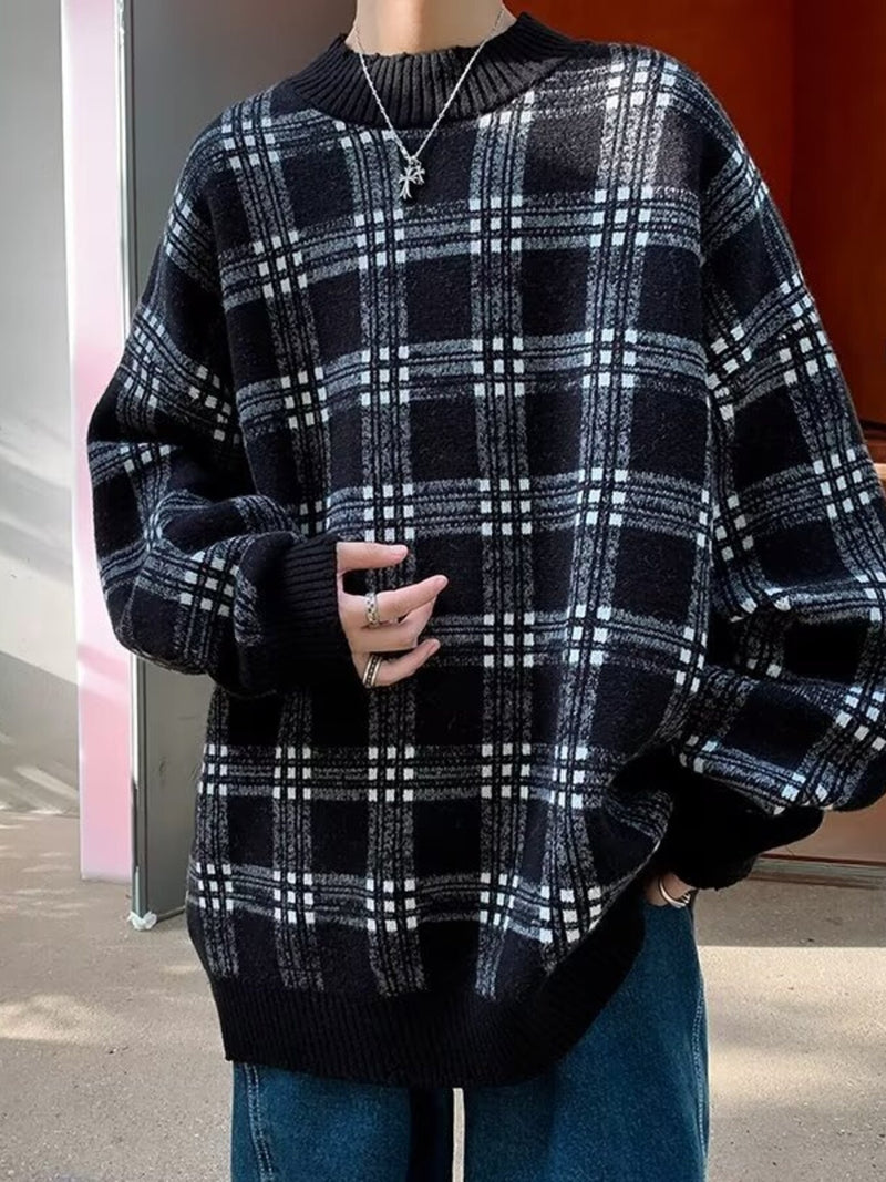 Men's Plaid Round Neck Long Sleeve Sweater Black