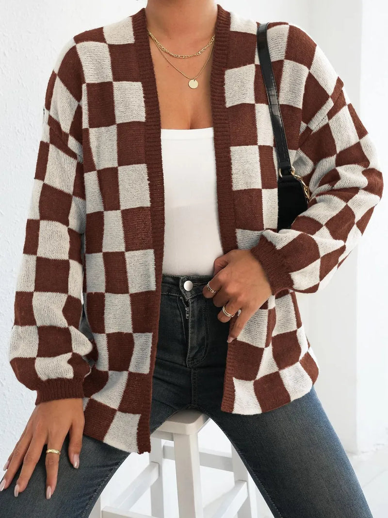 Checkered Open Front Long Sleeve Cardigan 5