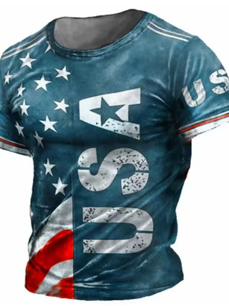 Men's Full Size USA Flag Print T-Shirt Plus Size Turquoise
