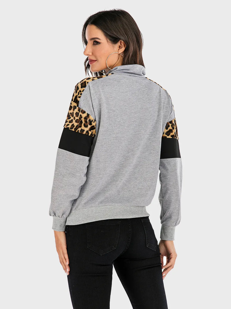 Perfee Contrast Leopard Half Zip Long Sleeve Sweatshirt 2