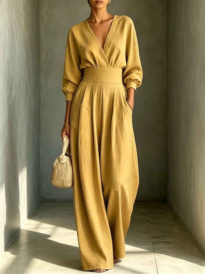 Fitted V-Neck Long-Sleeve Jumpsuit — Yellow