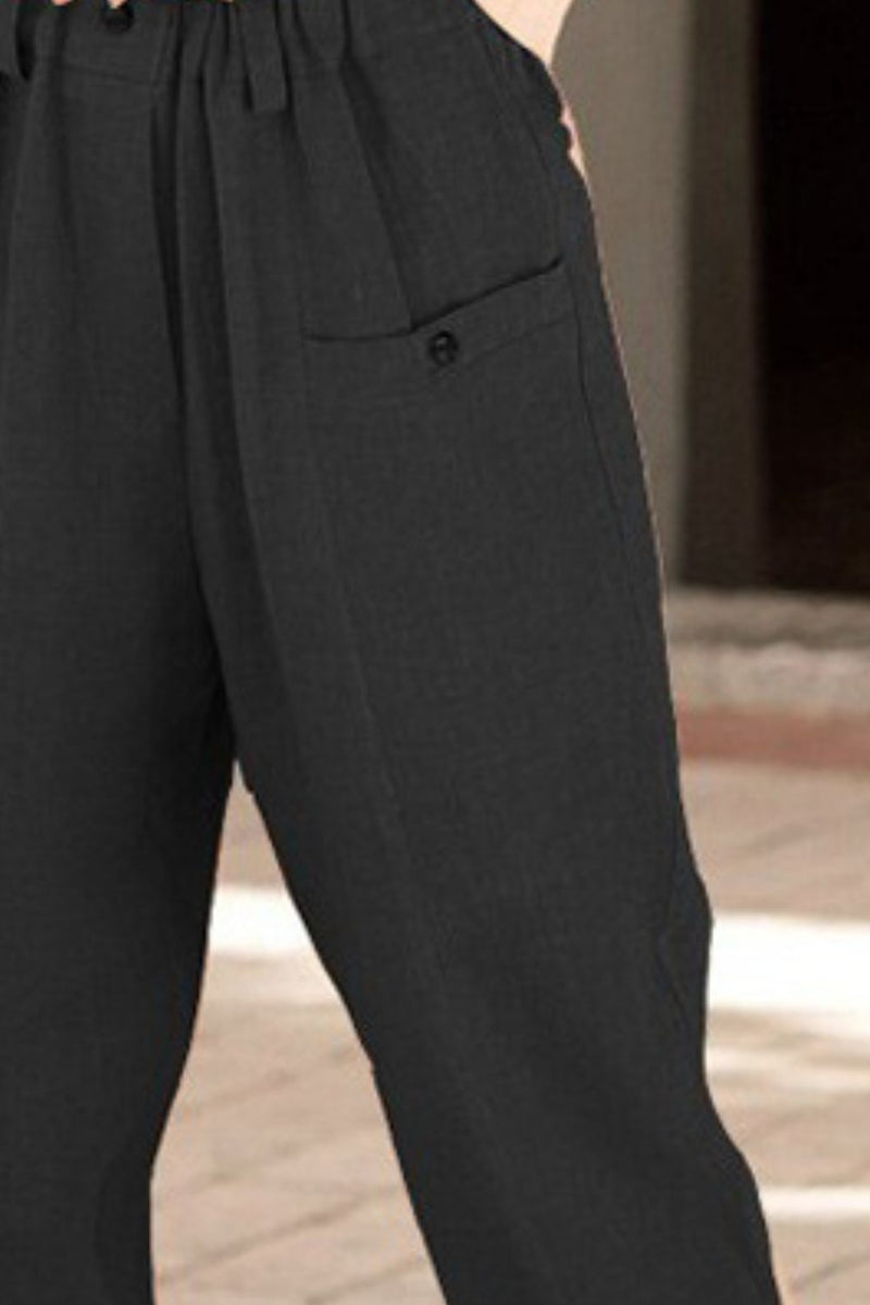 Button Detail Elastic Waist Pocket Pants | Hazel & June