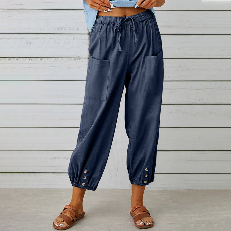 Isla Drawstring Linen-Look Pants — Navy Blue