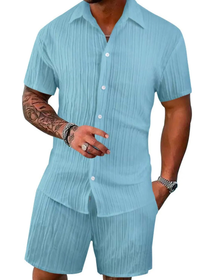 Men's Full Size Button Down Short Sleeve Shirt and Shorts Set Plus Size | Hazel & June Pastel  Blue