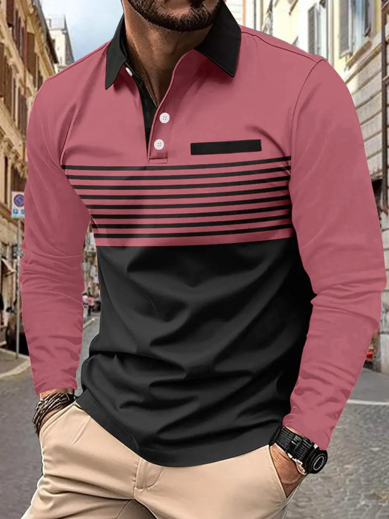 Men's Full Size Collared Neck Long Sleeve Striped Polo Plus Size 3