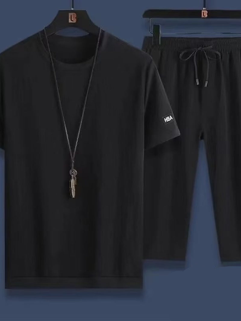 Men's Plus Size Round Neck Short Sleeve Top And Shorts Set Black