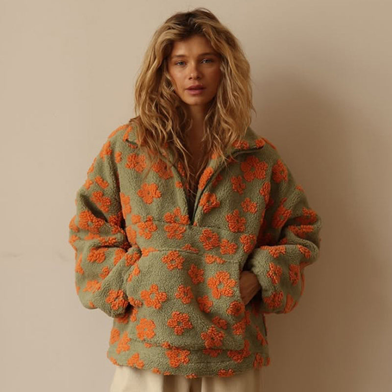 Mabel Floral Fleece Pullover — Yellow Green