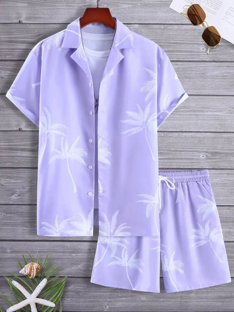 Men's Full Size Palm Print Button Up Shirt and Shorts Set Plus Size 7