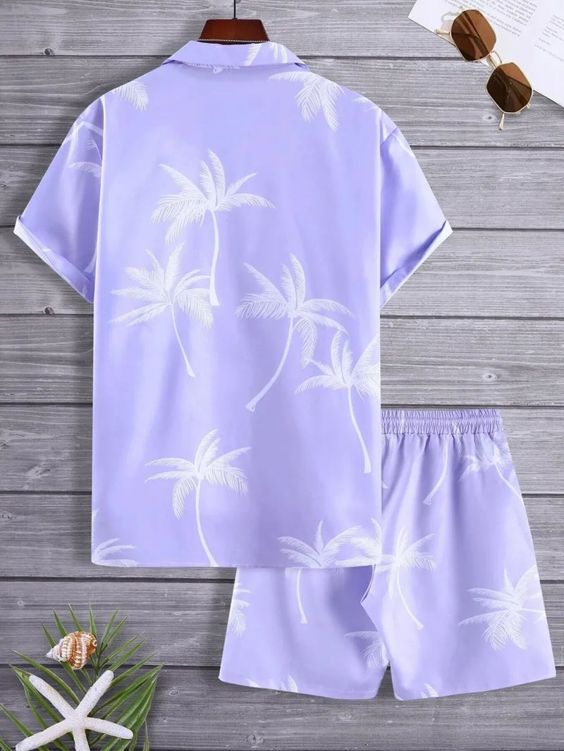 Men's Full Size Palm Print Button Up Shirt and Shorts Set Plus Size 8