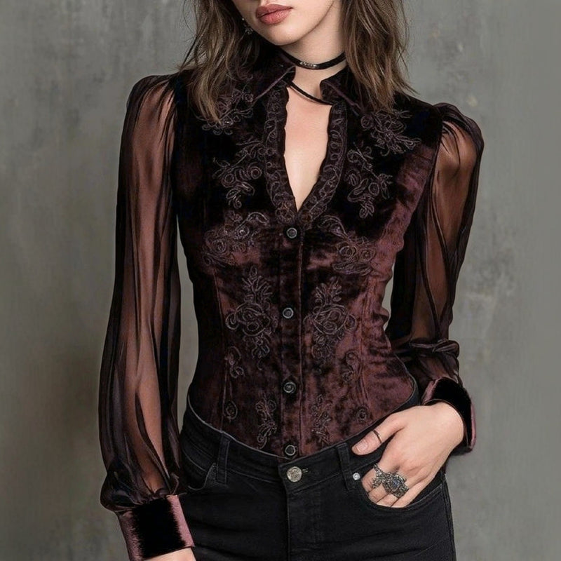 Seraphine Antique Velvet Sheer-Sleeve Blouse 4