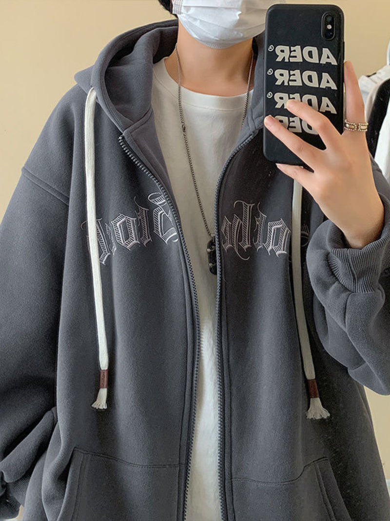 Men's Plus Size Letter Zip Up Drawstring Hoodie 6