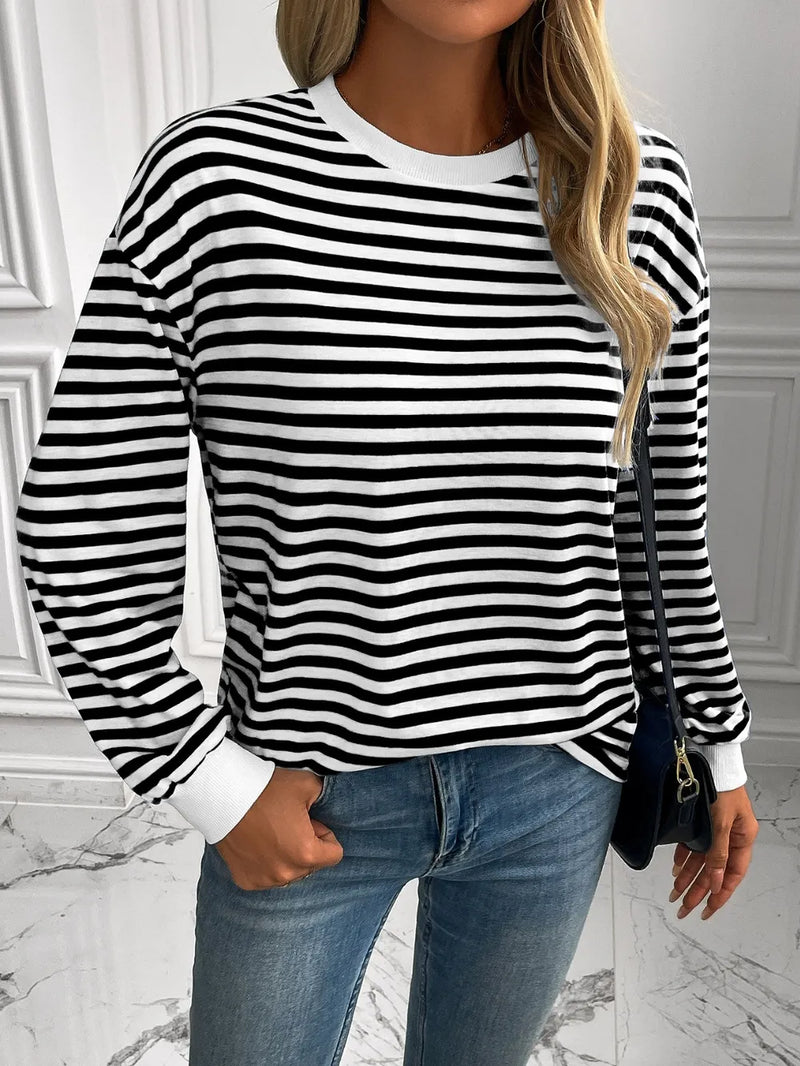 Ivy Lane Striped Round Neck Long Sleeve Sweatshirt | Hazel & June Black