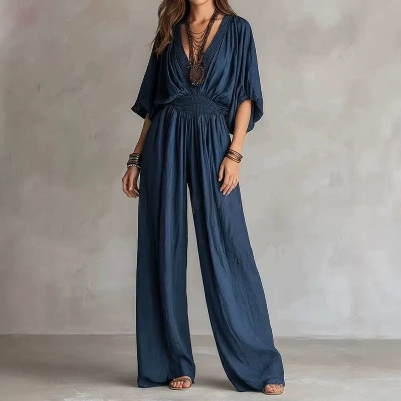 Indigo Batwing Wide-Leg Jumpsuit — M