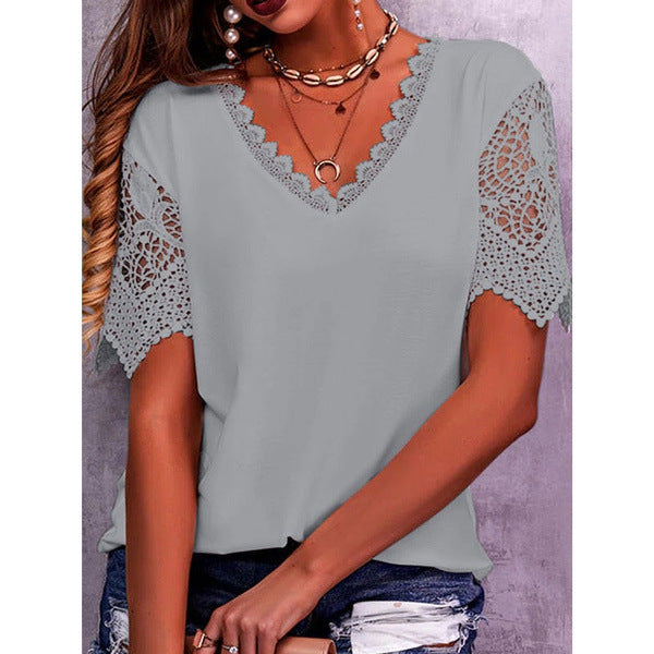 Lena Lace Sleeve V-Neck Top — Gray
