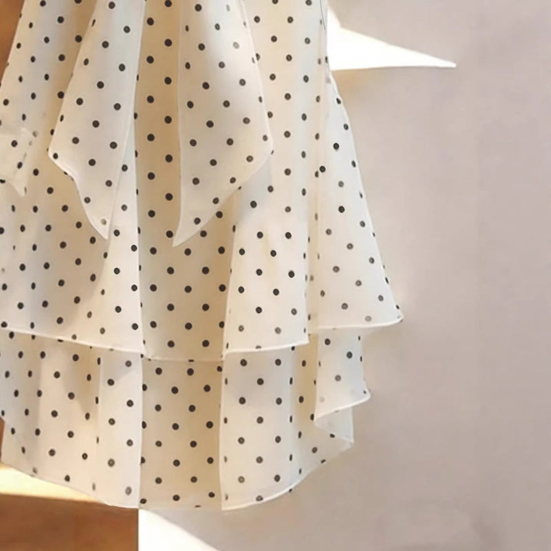 Cream Polka-Dot Bow Chiffon Blouse