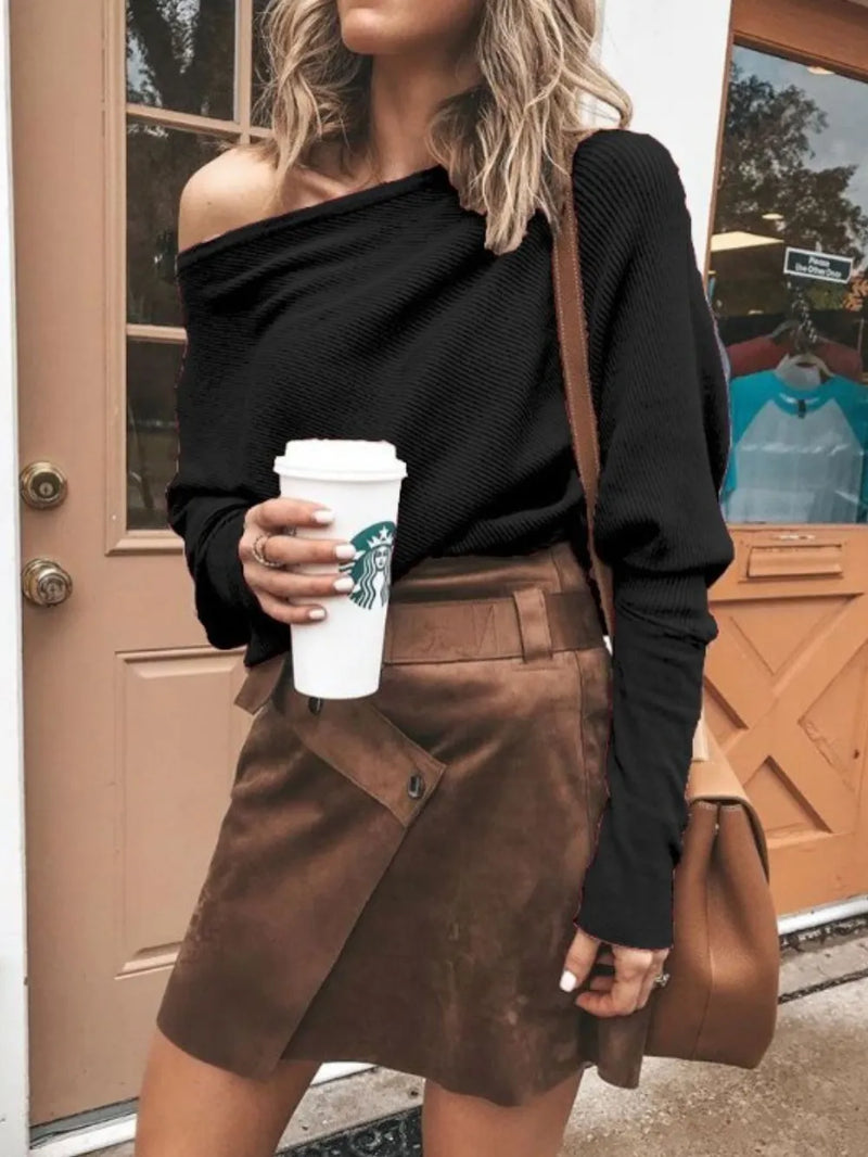 Single Shoulder Ribbed Knit Top | Hazel & June Black