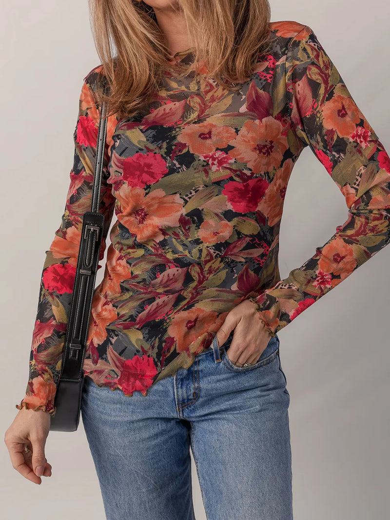 Multicolour Floral Print Lettuce Trim Long Sleeve Mesh Top 1