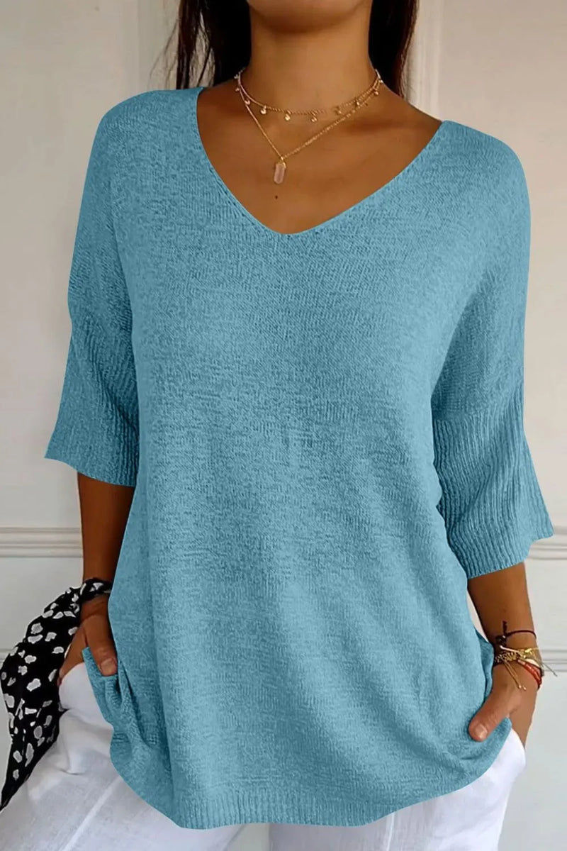 V-Neck Three-Quarter Sleeve Knit Top | Hazel & June Pastel  Blue