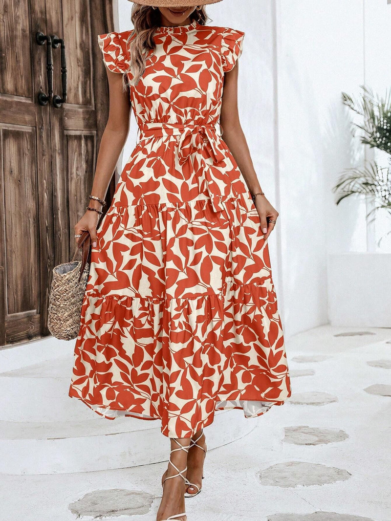 Rust Leaf-Print Ruffle Midi 4