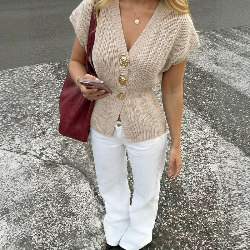 Beige Gold-Button Knit Vest 2